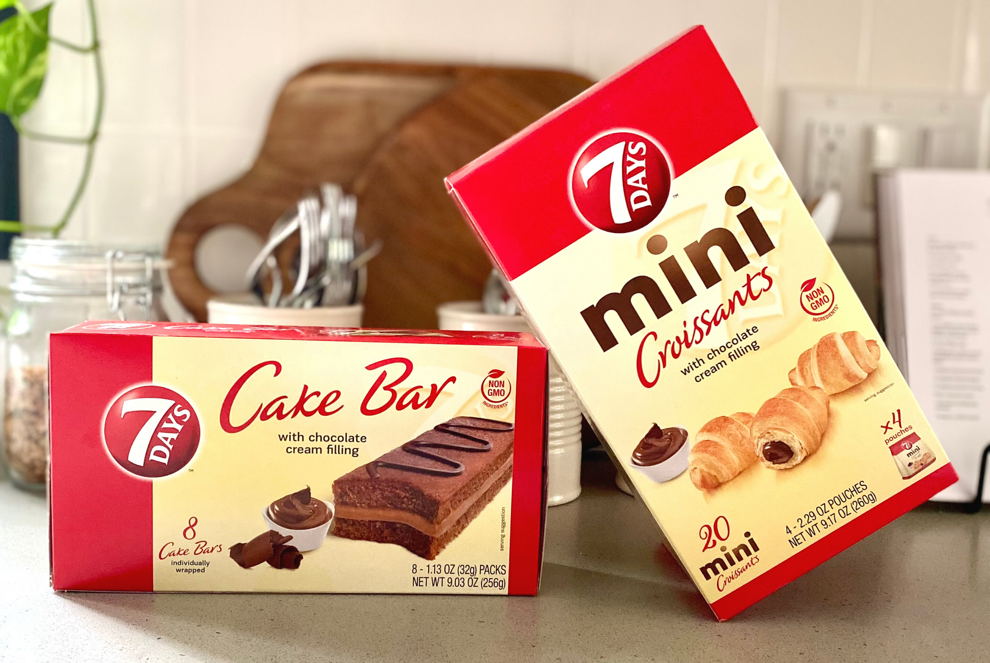 cake bar with chocolate cream filling and mini croissants in box packaging