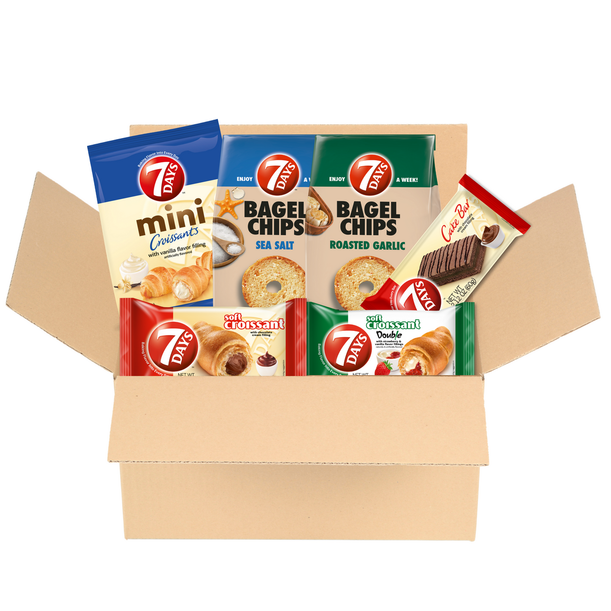 bundle pack with mini croissants, bagel chips, cake bars, and soft croissants